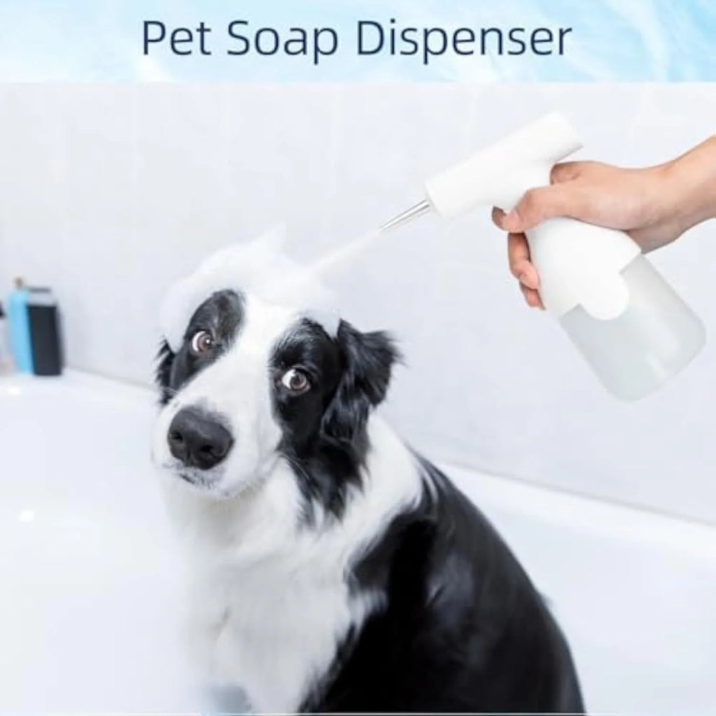 White electric foam soap dispenser with two nozzles and USB charging cable for pet bathing and household cleaning