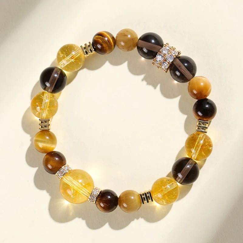 Natural yellow tower crystal string beads bracelet with 10mm Jinba large beads in unisex design