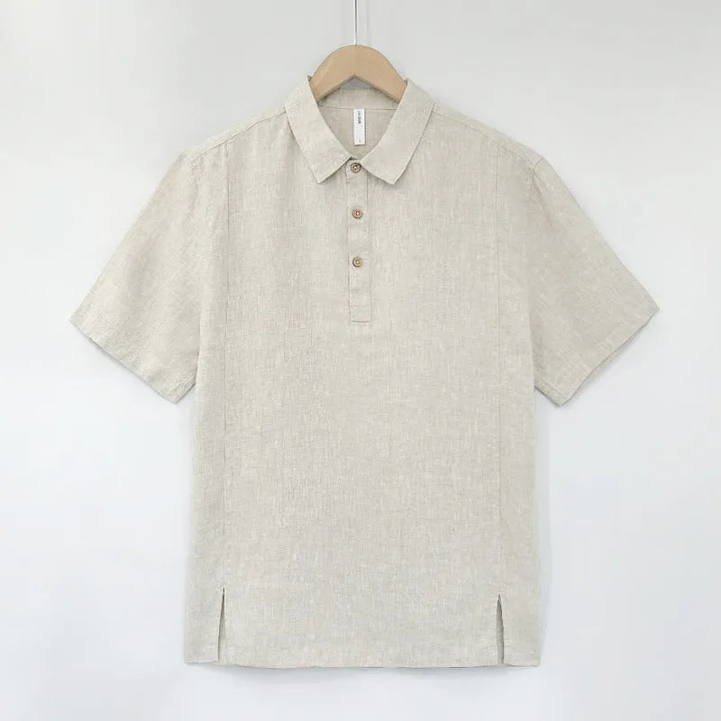 Men's thin lapel linen summer top in a loose fit, shown in one of four available colours.