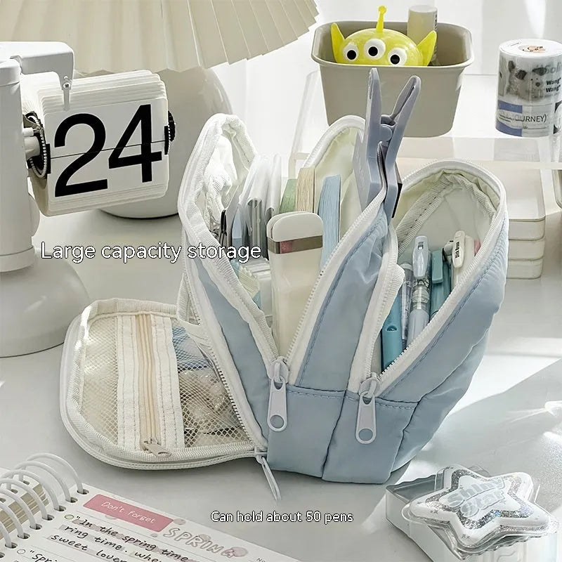 Double layer pencil case in blue with gift handle showing 215mm length 135mm width 85mm depth dimensions