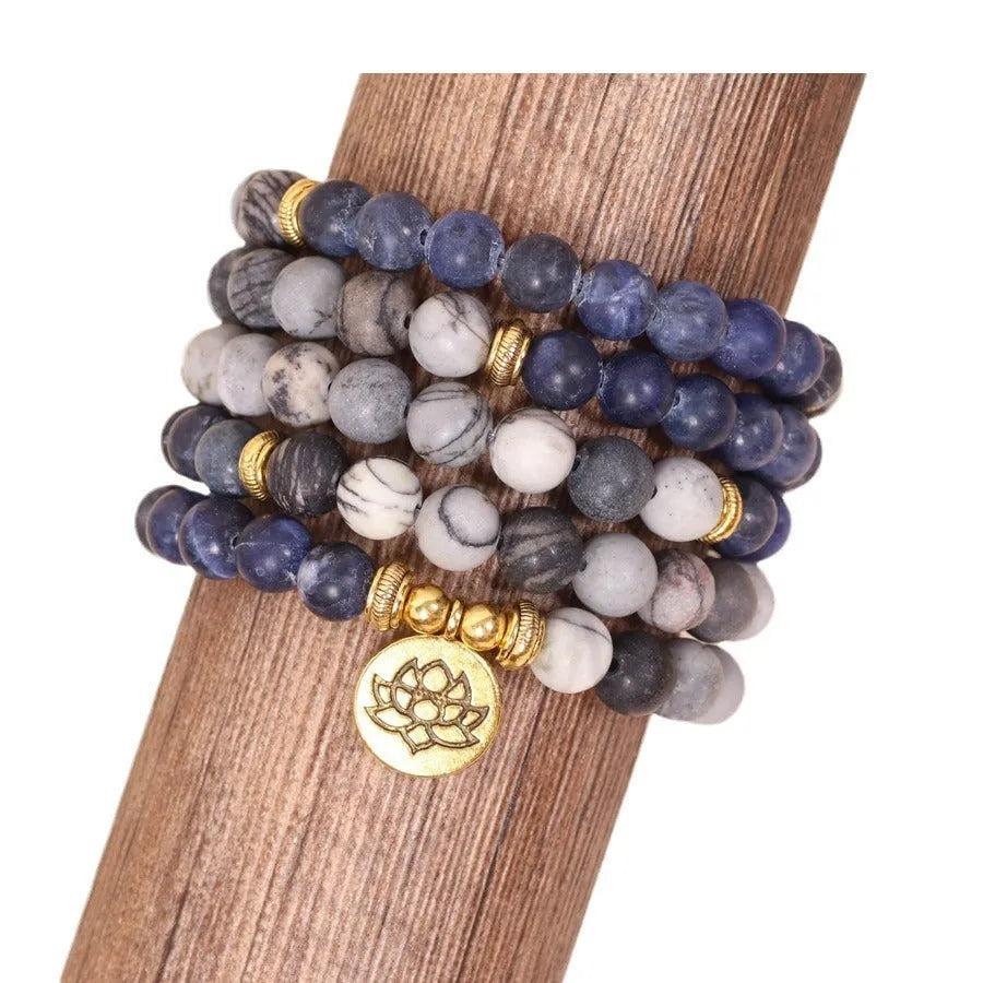 Blue patterned network stone bead multi-layer bracelet with alloy construction and adjustable fastening
