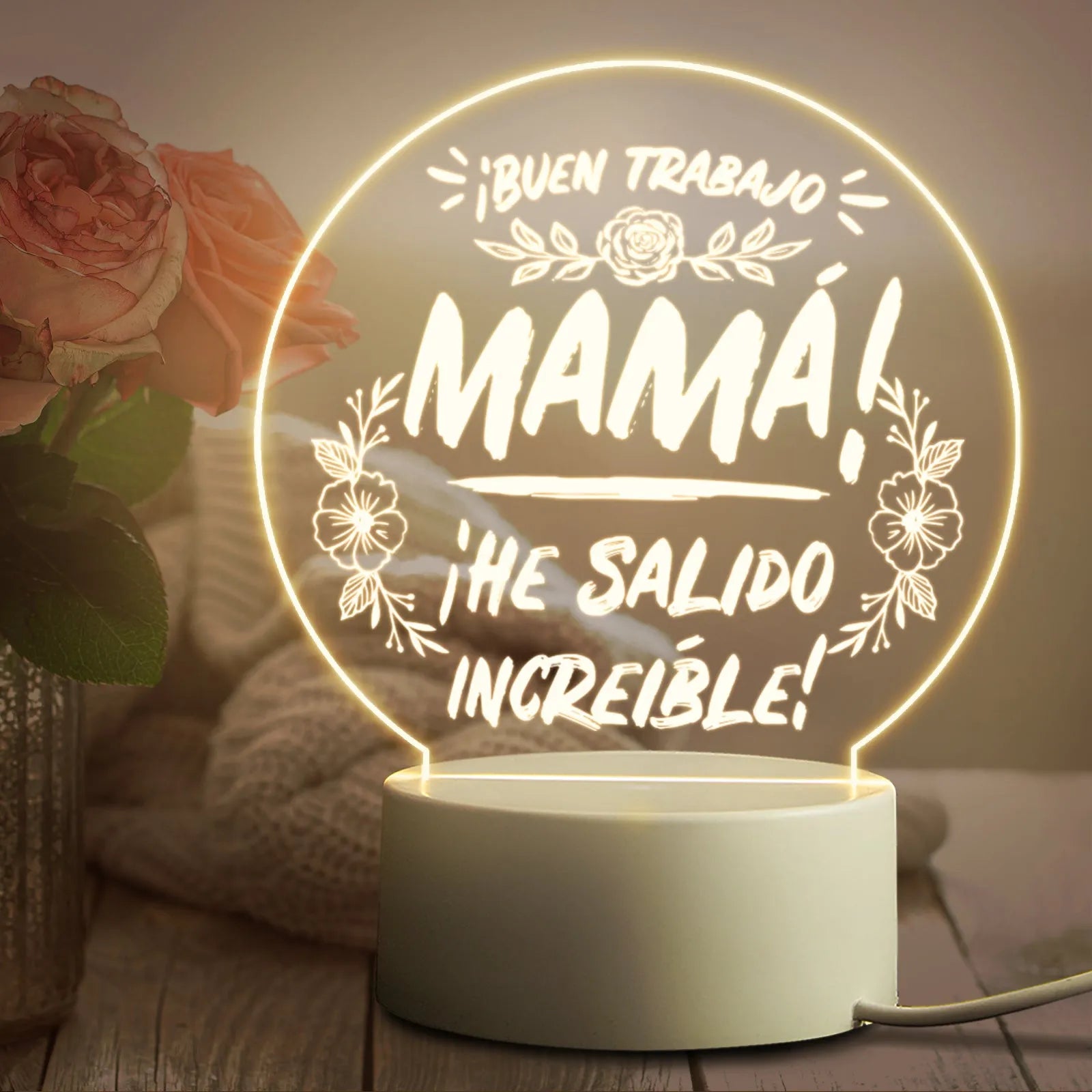 Modern minimalist LED night light with acrylic shade on a white ABS base, powered by a USB cable.