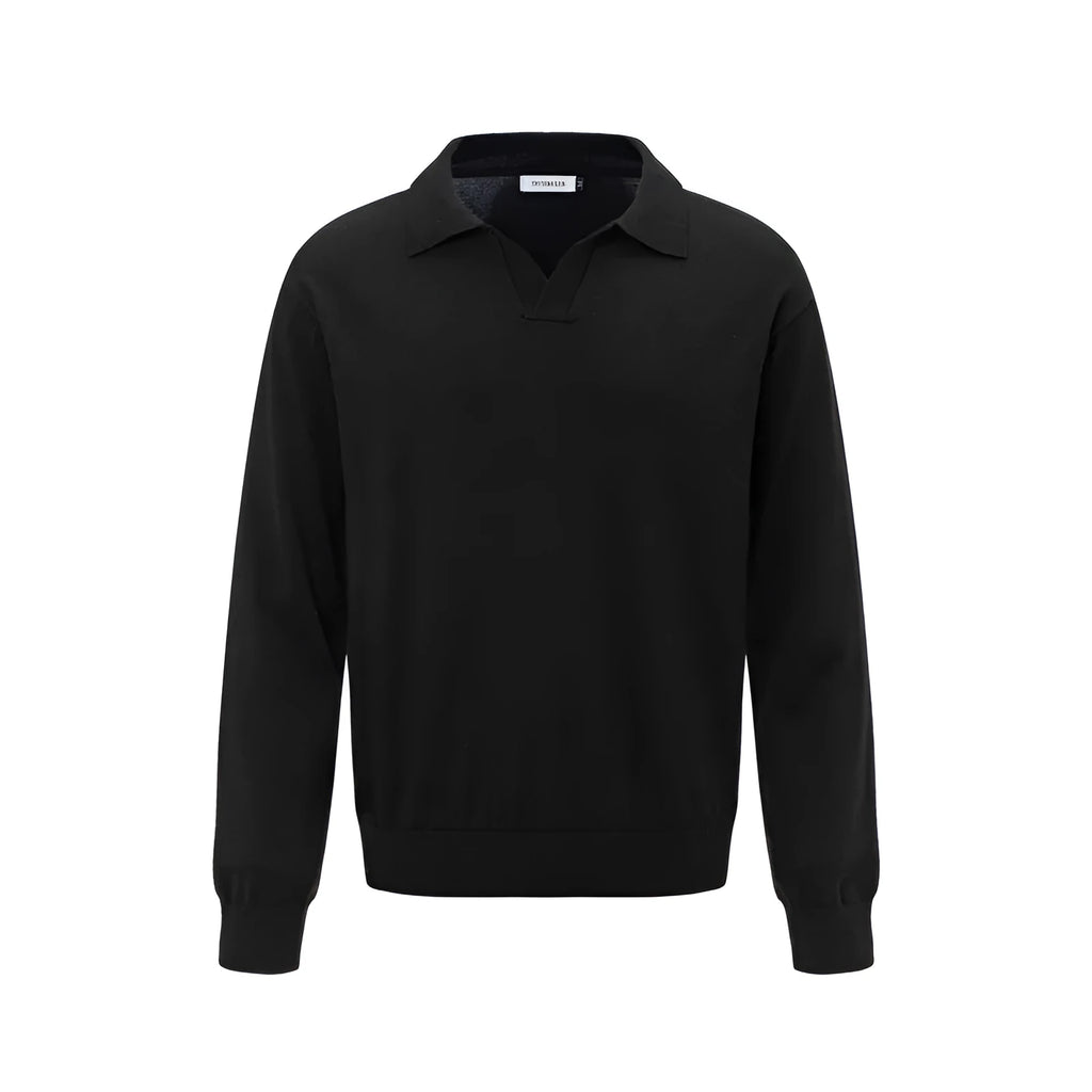 Men's loose fit pullover sweater in beige, black, and dark grey colours on a hanger