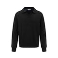 Men's loose fit pullover sweater in beige, black, and dark grey colours on a hanger