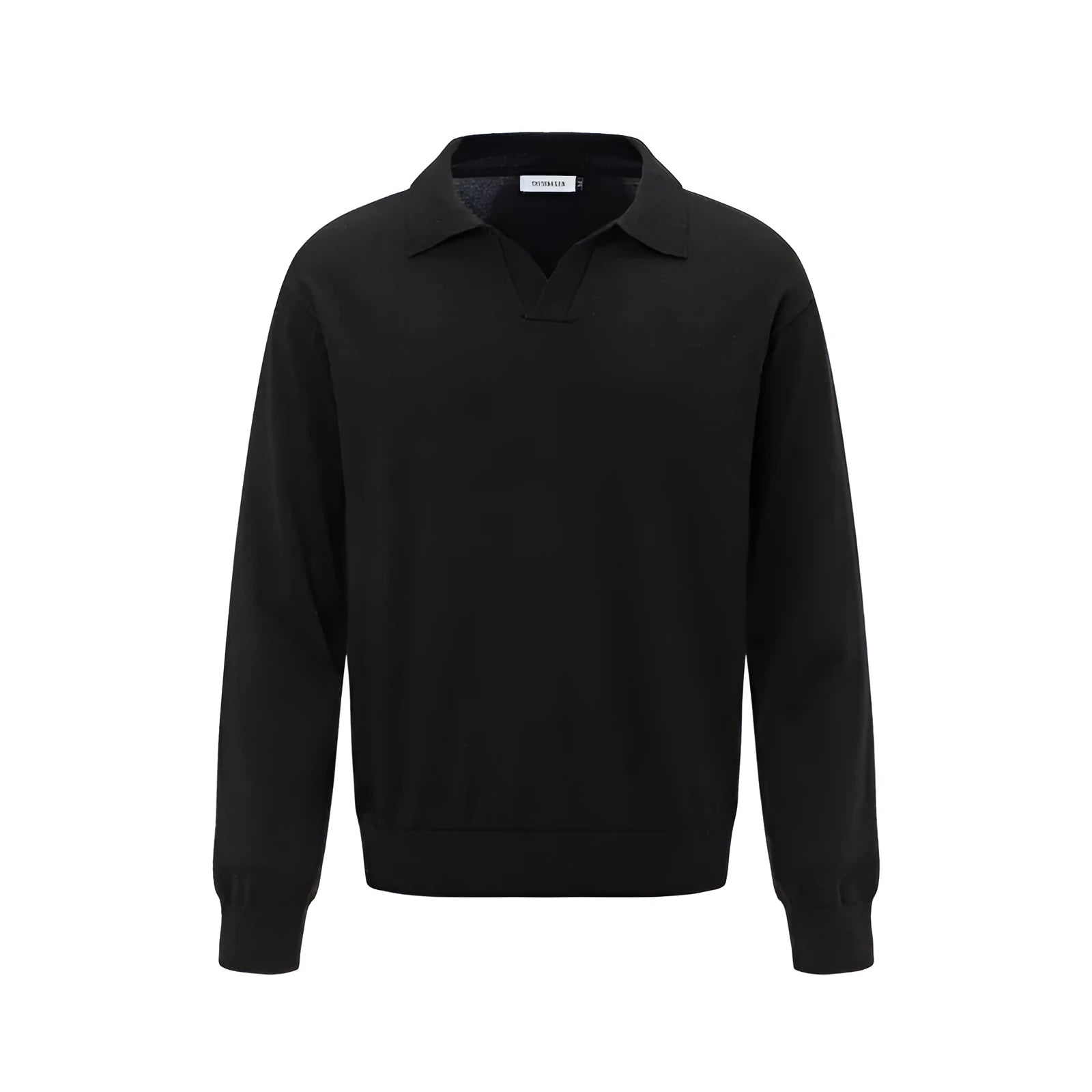 Men's loose fit pullover sweater in beige, black, and dark grey colours on a hanger