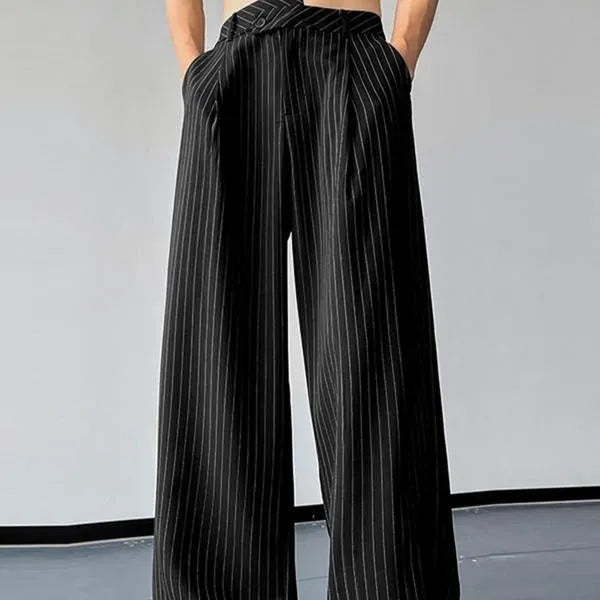 Black men's trousers with vertical stripes and front pleats on a high elasticity fabric.