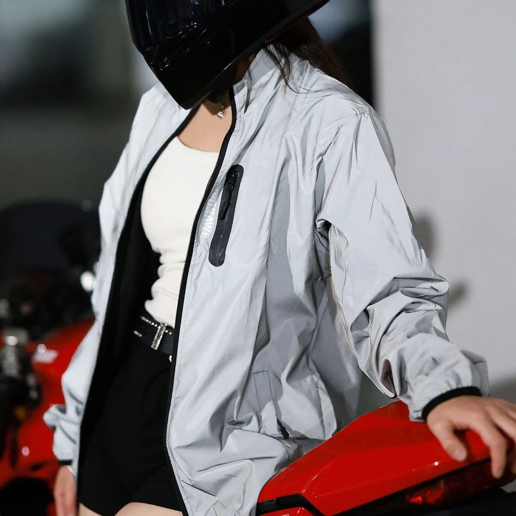 Silver BL220 waterproof polyester long-sleeved jacket on a hanger.