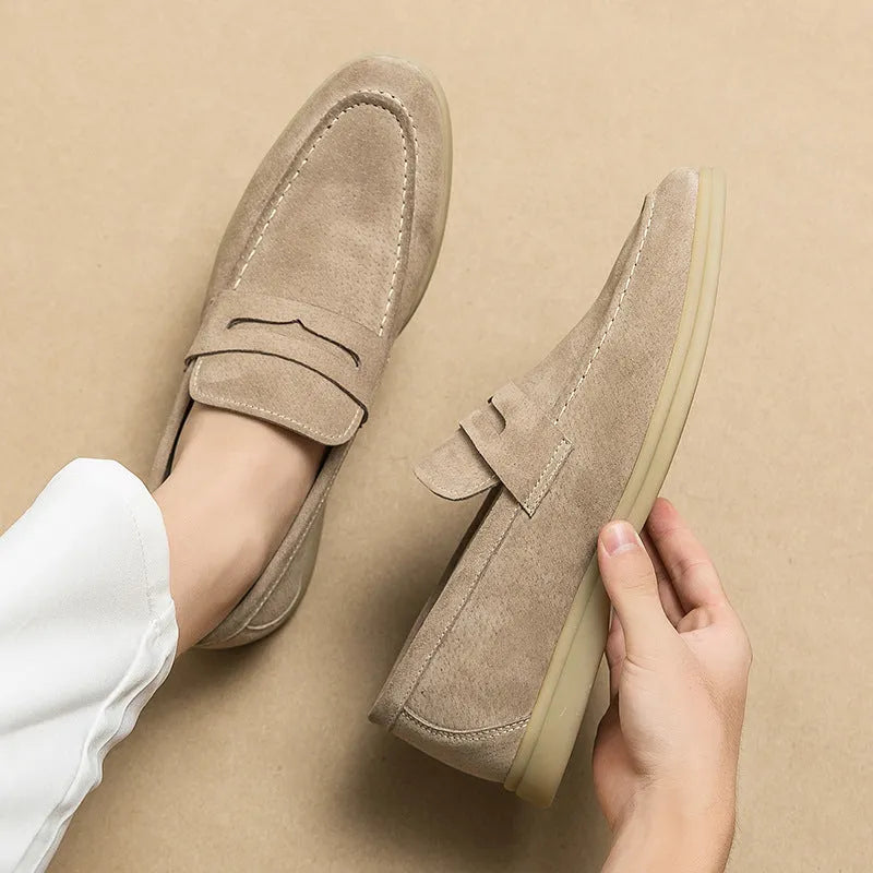 Men's leather slip-on shoes with rubber sole and round-toe design in black, beige or khaki