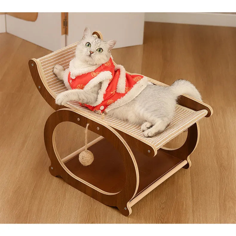 Solid wood cat bed recliner with integrated sisal scratching mat in walnut colour.