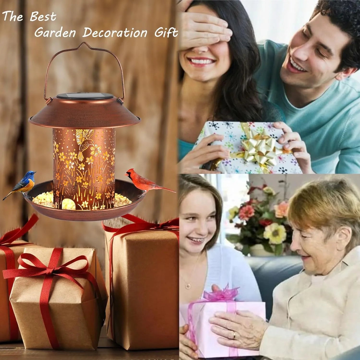 Solar-powered iron bird feeder garden light with hummingbird pattern and waterproof IP65 rating
