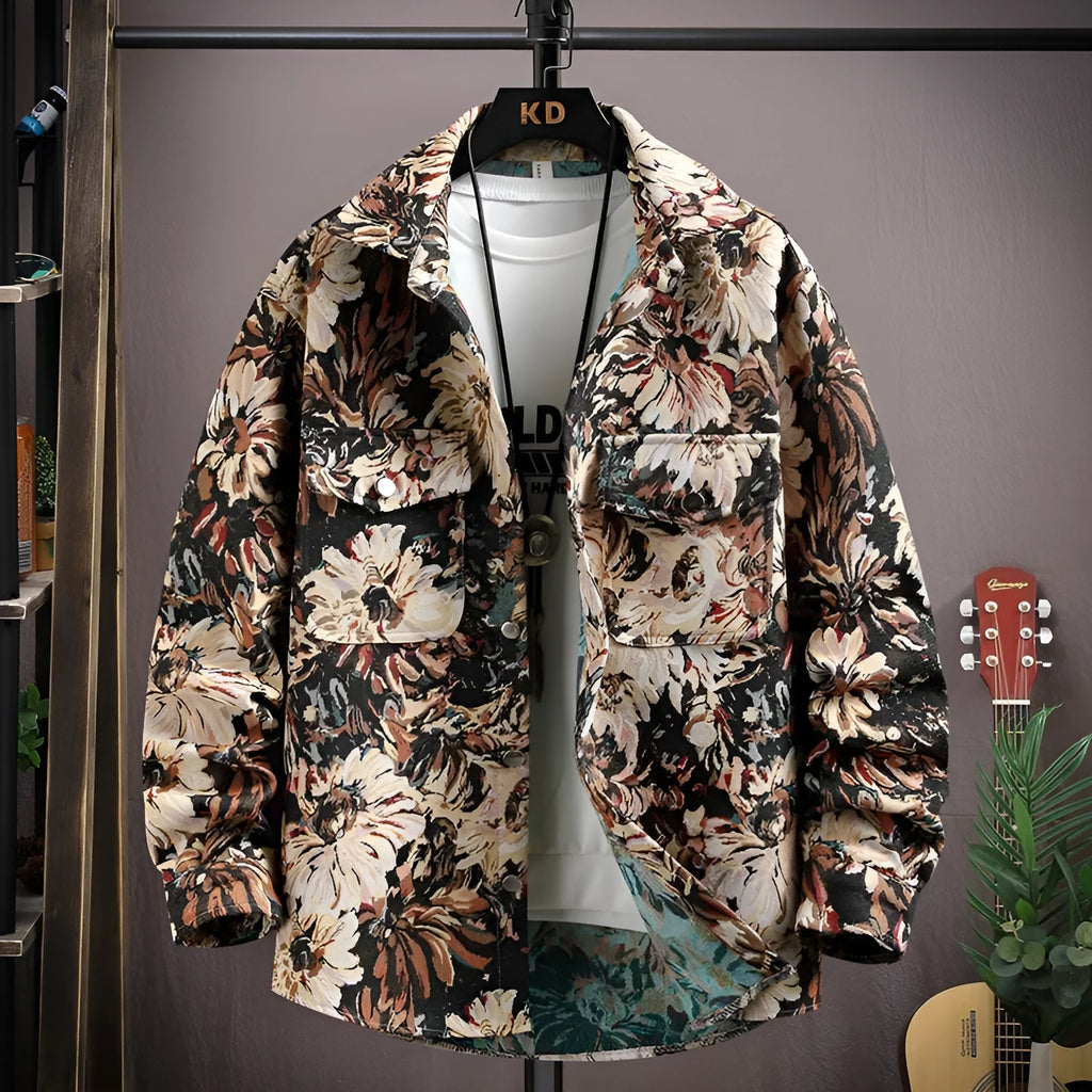 A casual long-sleeved lapel shirt coat in a straight hem style, shown in one of its available colours.