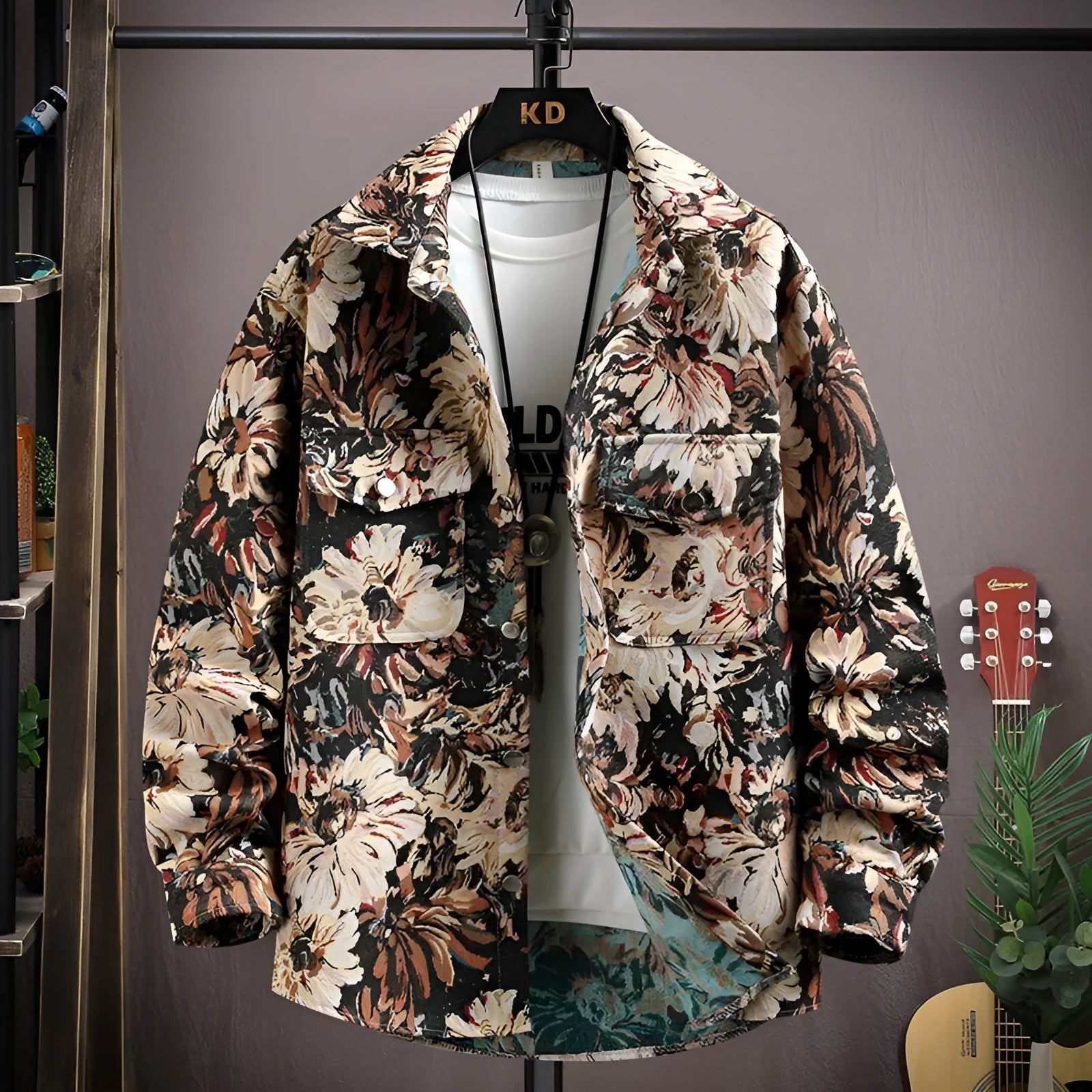 A casual long-sleeved lapel shirt coat in a straight hem style, shown in one of its available colours.