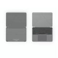 Grey folding Bluetooth keyboard shown both open and closed, next to mobile phone