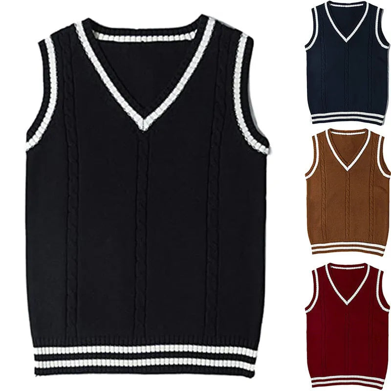 Women's V-neck striped knitted sweater waistcoat in acrylic fibre slim fit pullover available in multiple colours