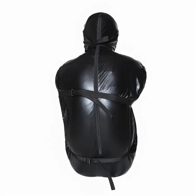 Black patent leather bondage set with full body outfit and six ratchet tie-down straps