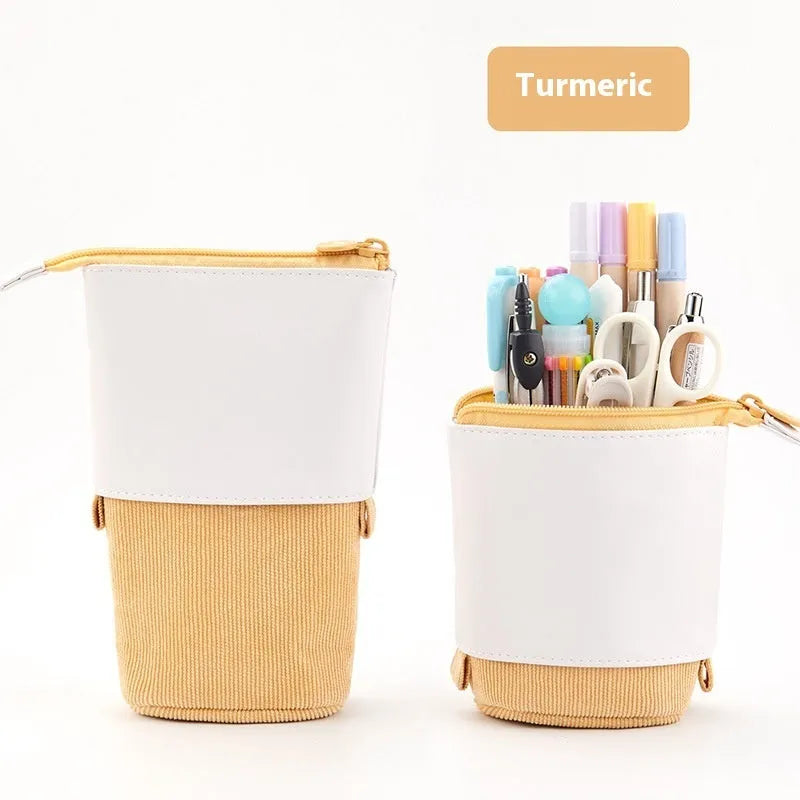 Korean-style telescopic corduroy stationery case in six colour options including purple and green.