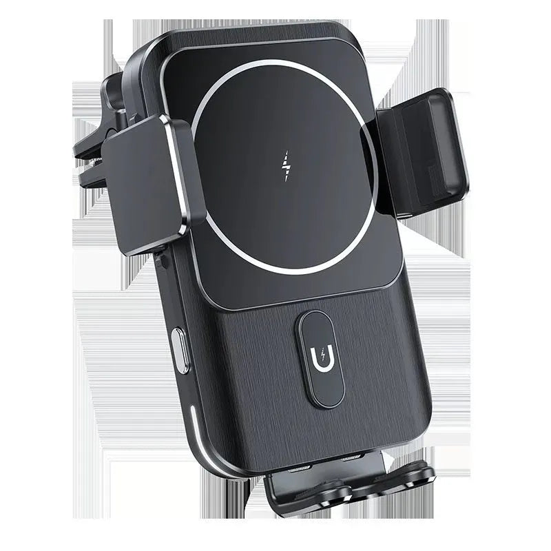 Black car wireless charger mobile phone holder with 15W fast charging featuring suction cup and clip bracket options