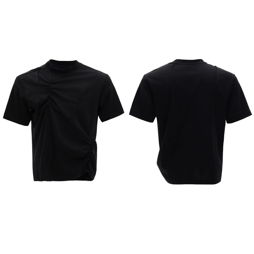 Men's black cotton T-shirt with three-dimensional pleated stitching and asymmetrical design details on round neck