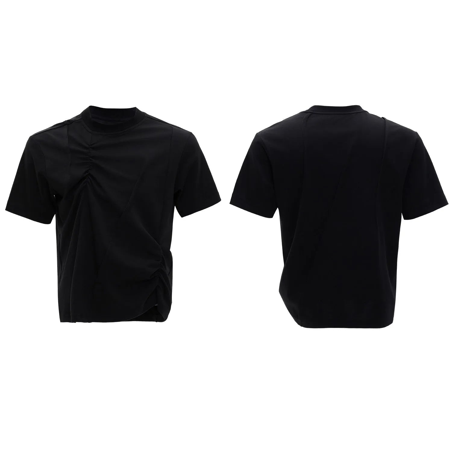 Men's black cotton T-shirt with three-dimensional pleated stitching and asymmetrical design details on round neck