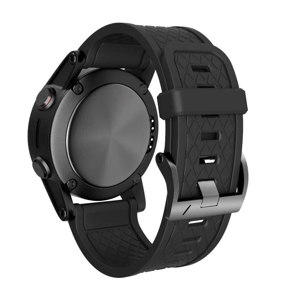 Close-up of a black silicone sports watch strap for a 26mm Jiaming watch case