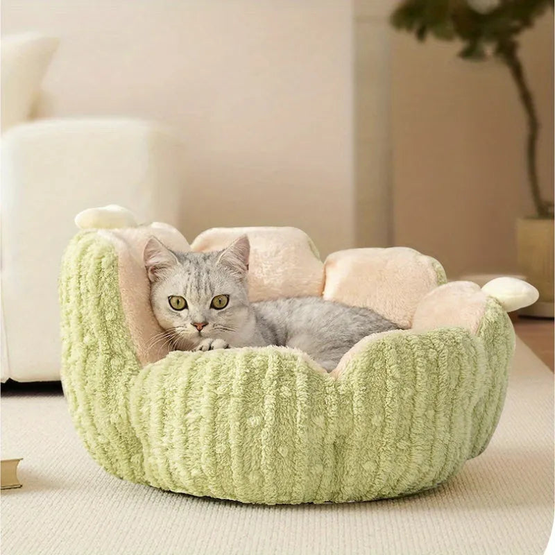 Green and purple cactus-shaped soft cat litter kennel pet bed showing large and small size options