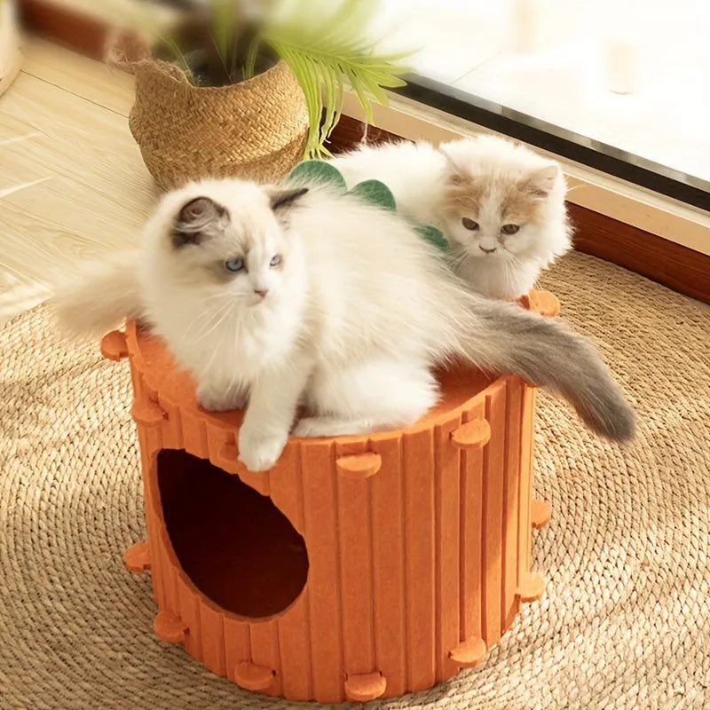 Carrot-shaped grey felt cat tunnel bed with one entrance hole, shown in medium and large sizes.