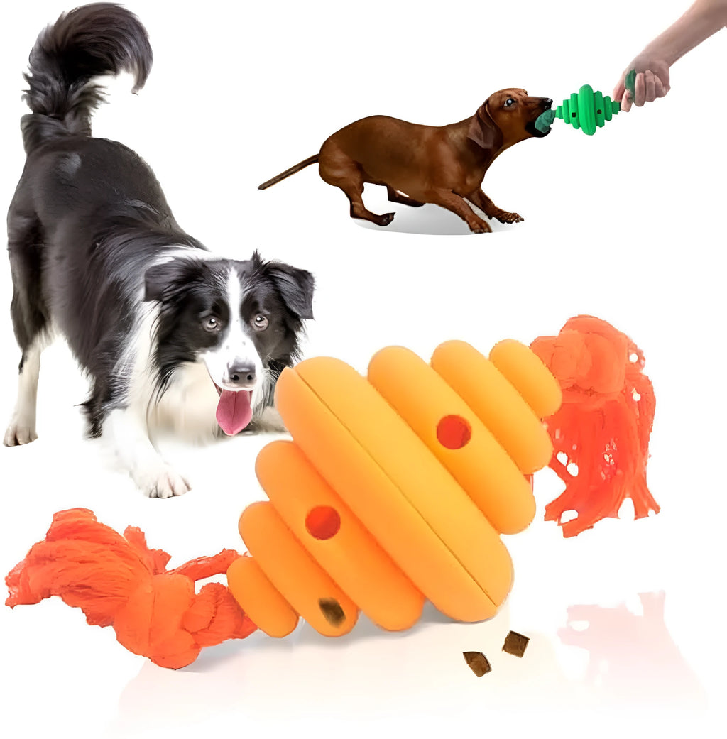 Green and yellow silicone dog ball with attached rope for tug-of-war and treat dispensing.