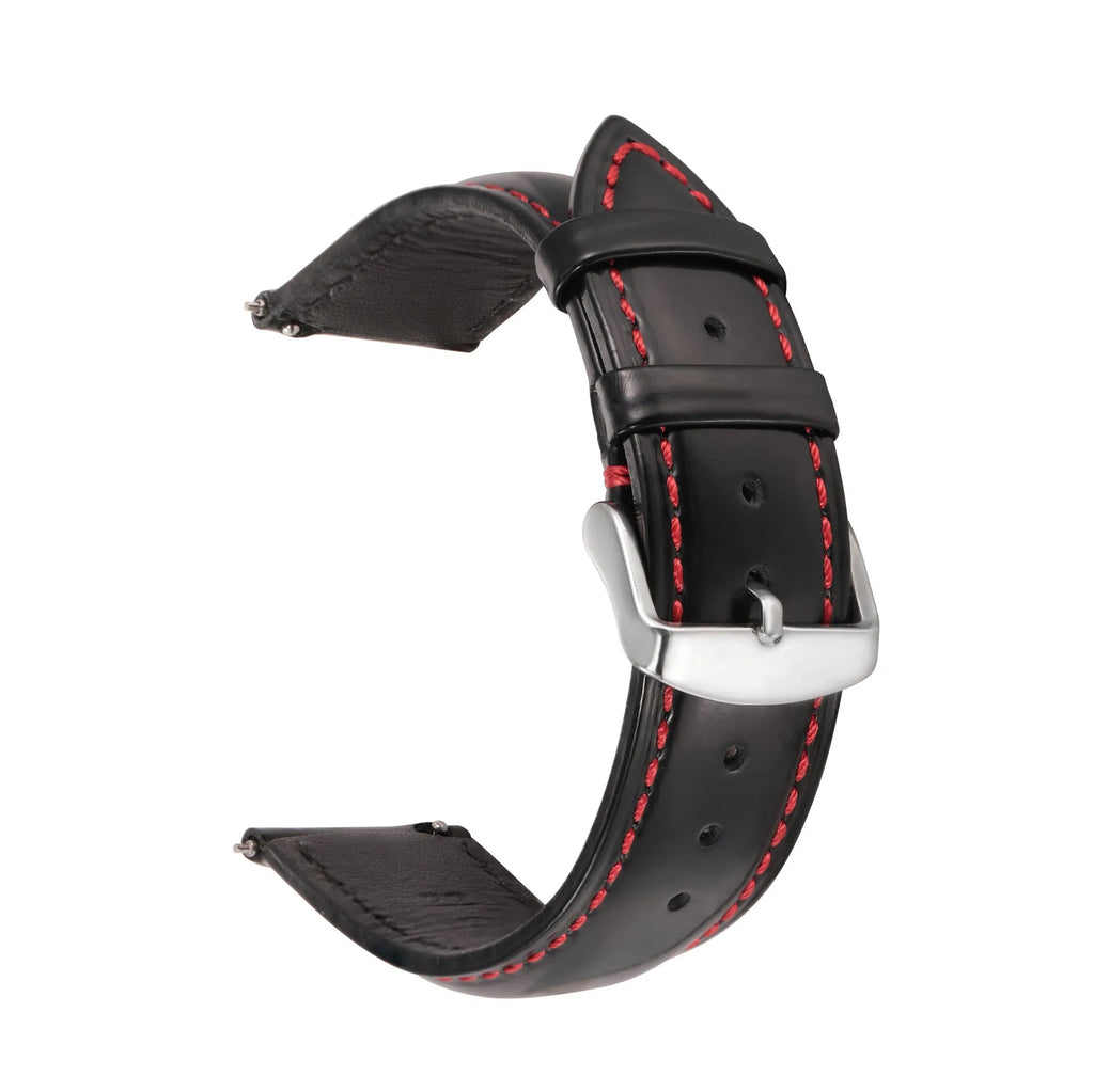 Quick-release leather watch strap in bright cowhide, shown in multiple colour and width options.