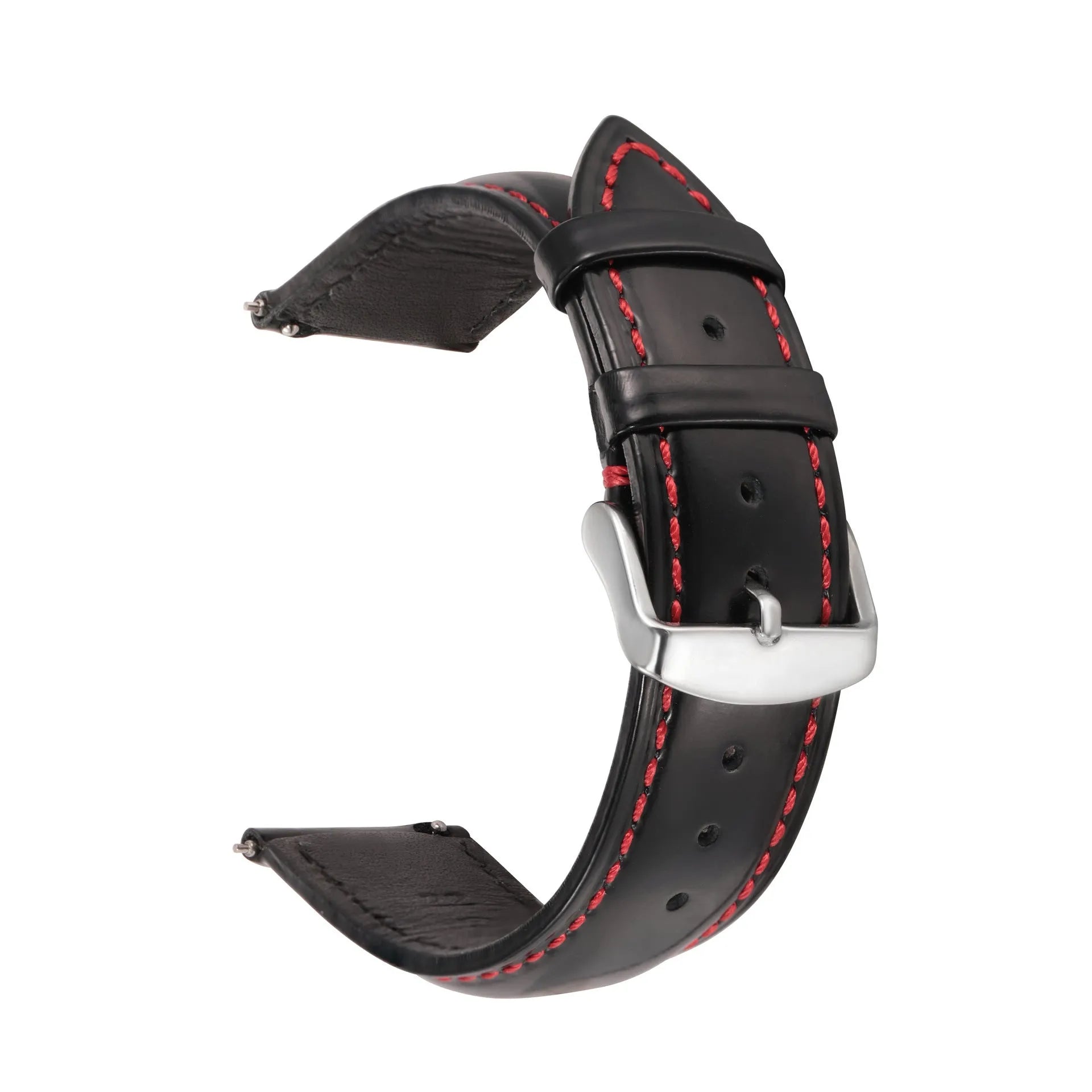 Quick-release leather watch strap in bright cowhide, shown in multiple colour and width options.