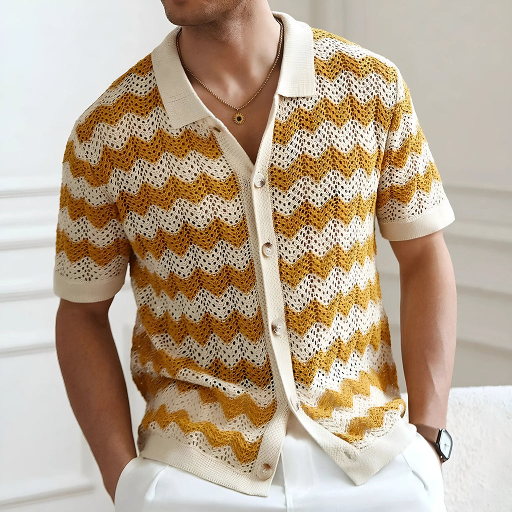 Yellow hollow jacquard corrugated short sleeve sweater with flocking detail on hanger