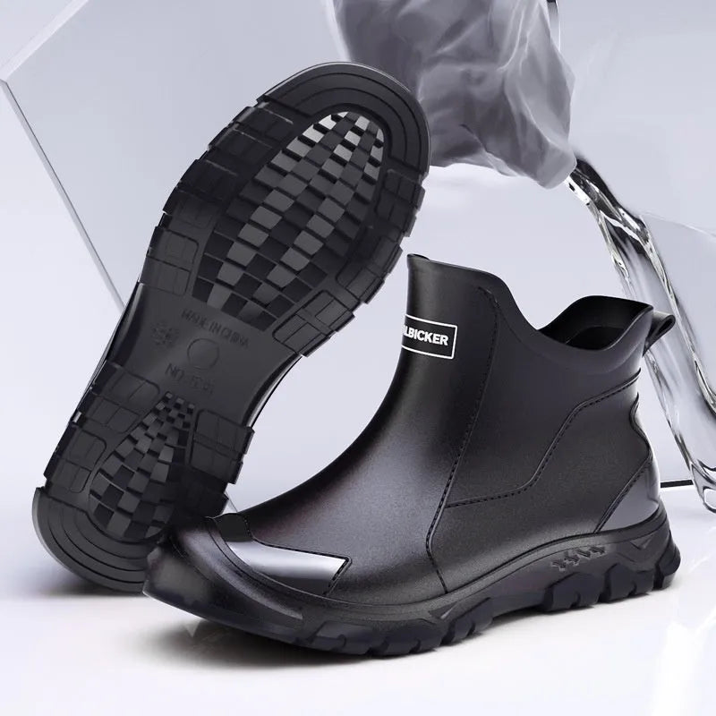 Short tube PVC outdoor wading boots with round toe and flat heel in various colours.