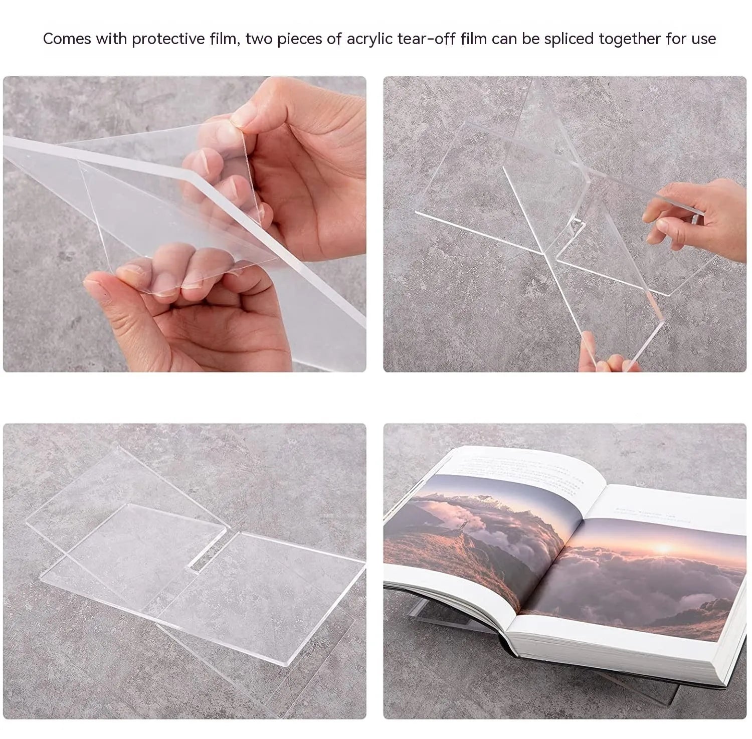 Transparent X-shaped acrylic book reading rack displaying books on desktop