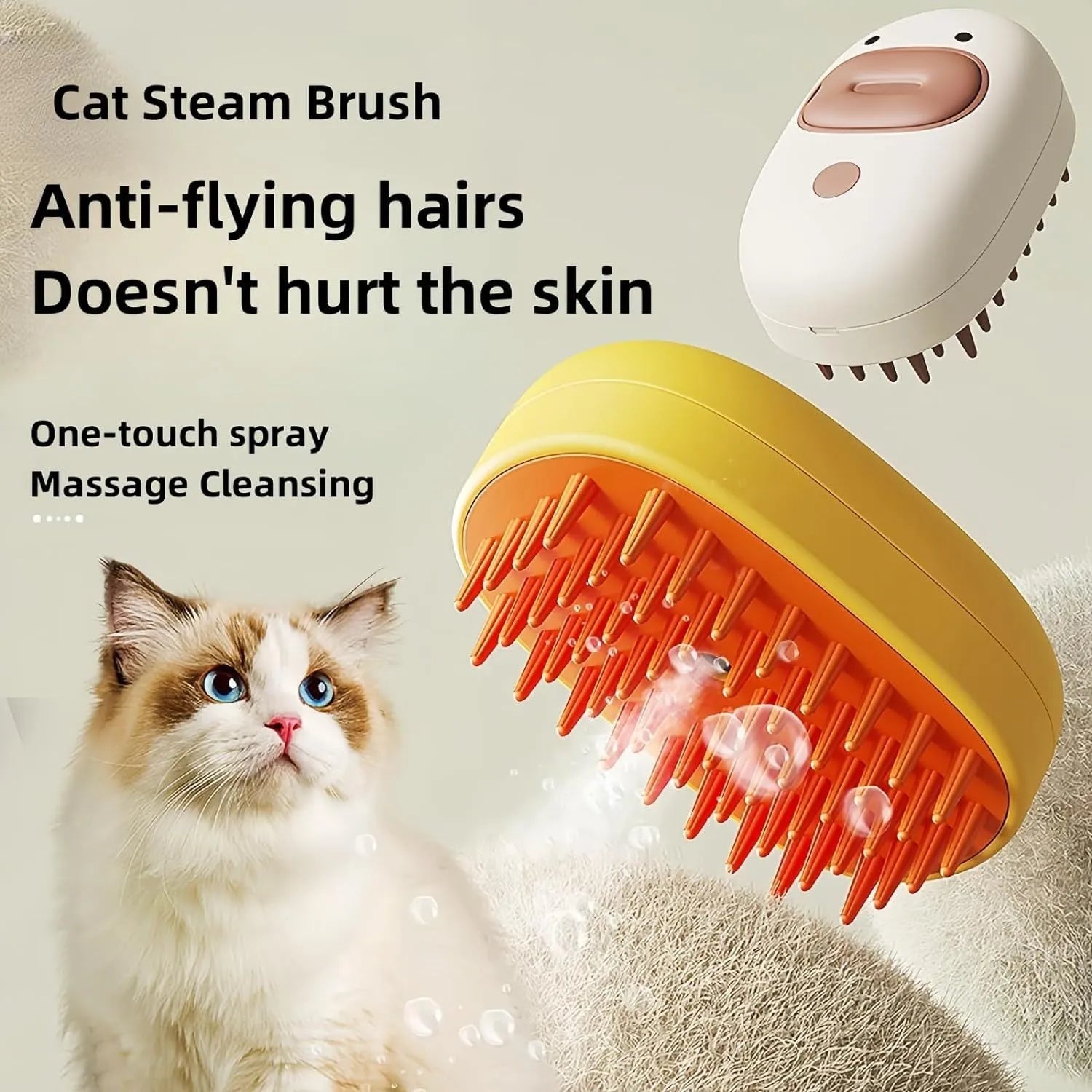 White and yellow electric pet steam brush with rubber comb teeth and ergonomic handle