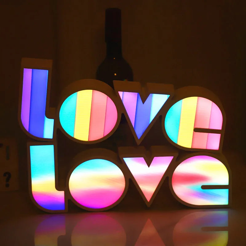 LED LOVE Light with rainbow-coloured lampshade displaying LOVE word for romantic decoration