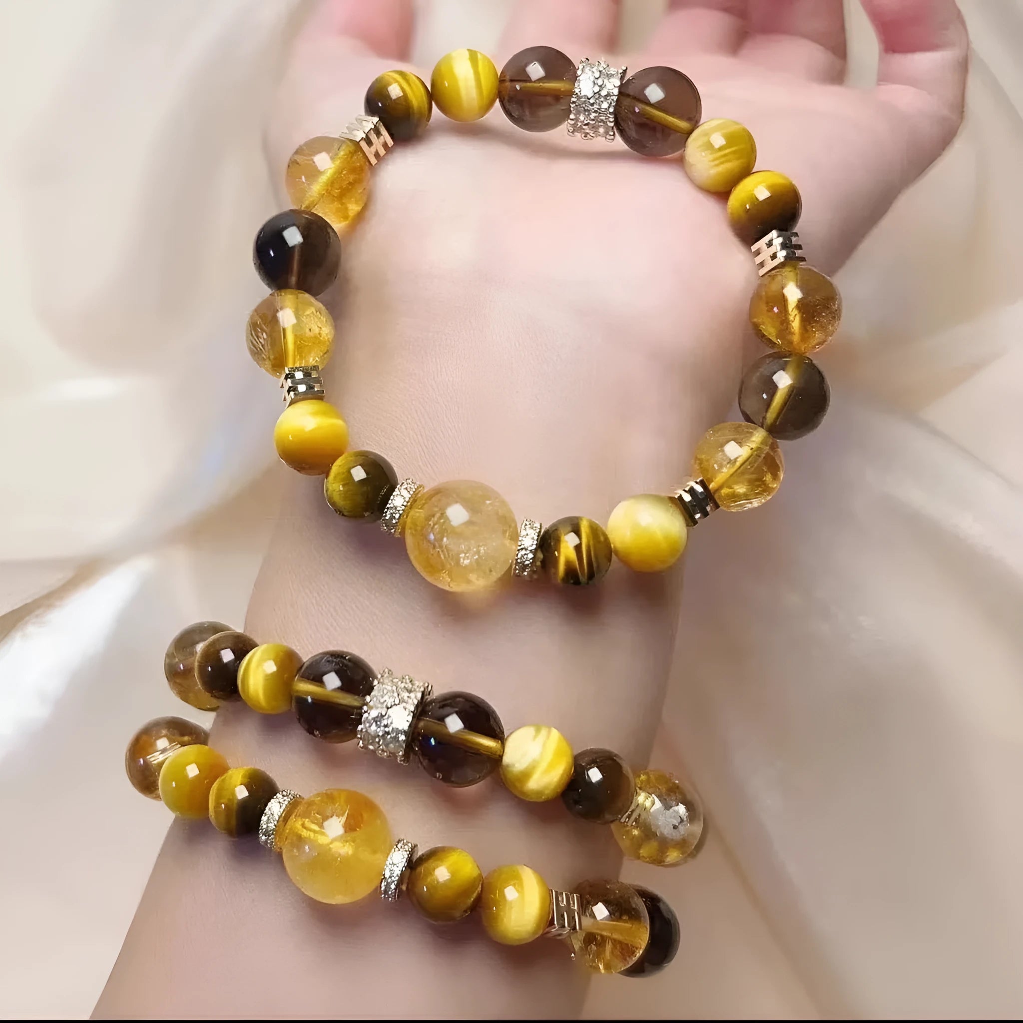 Natural yellow tower crystal string beads bracelet with 10mm Jinba large beads in unisex design