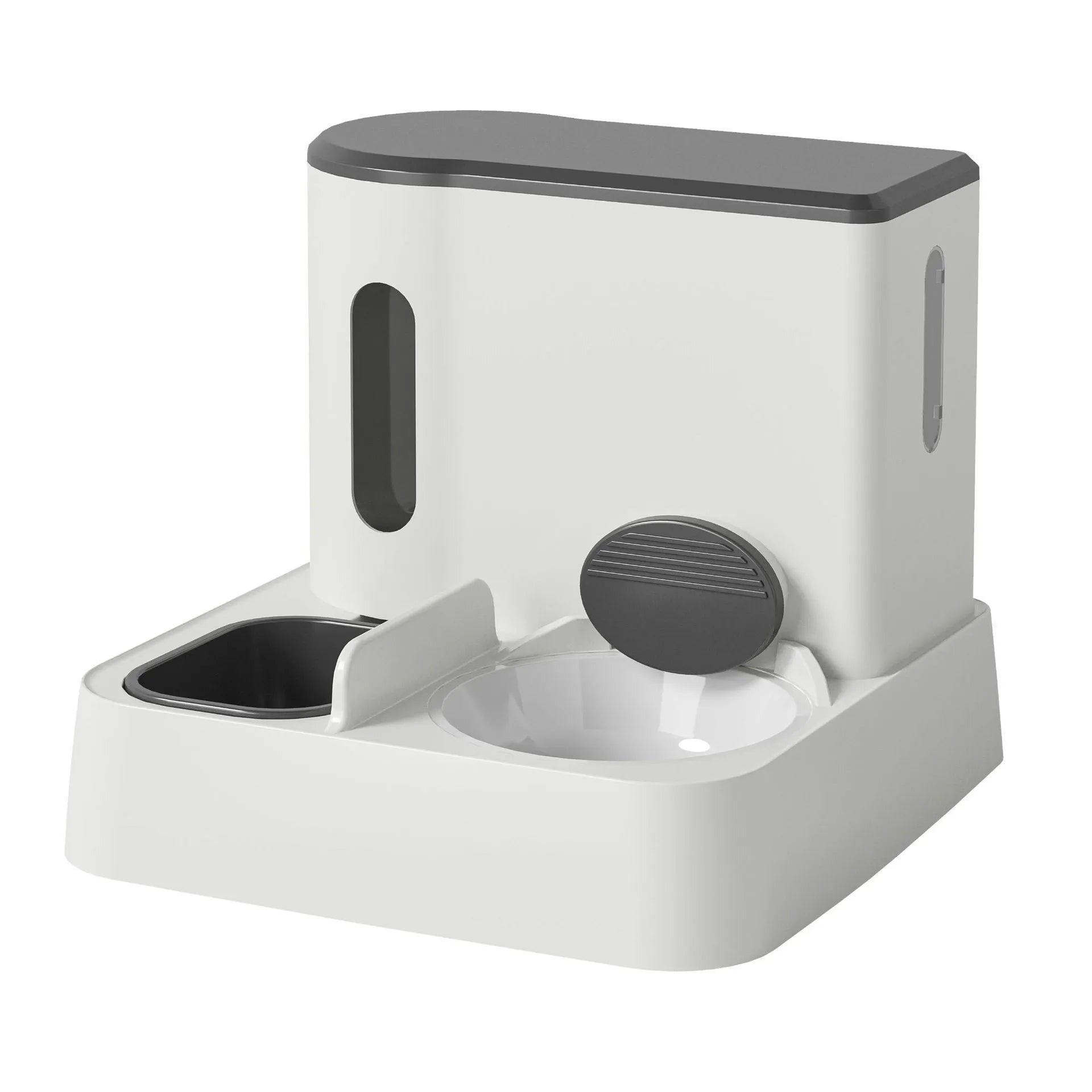 Grey automatic cat feeder with integrated water dispenser and double bowl design