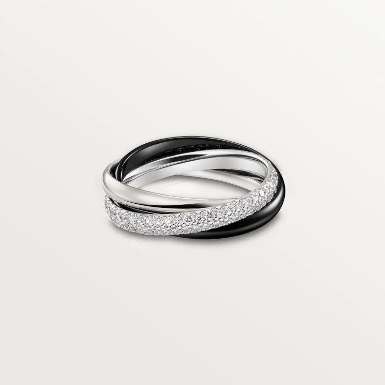 Silver couple rings with geometric U-shaped design and full diamond band option