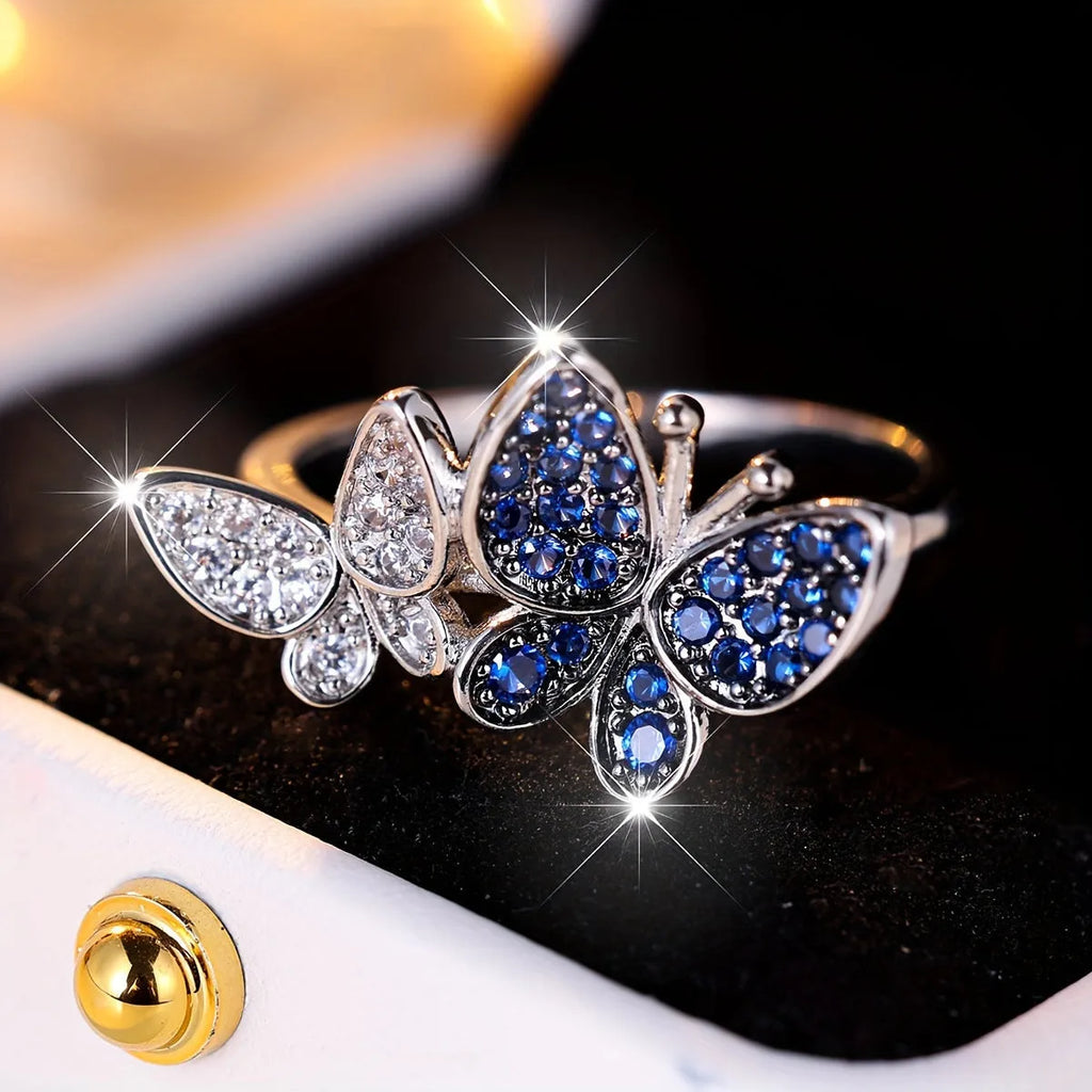 Blue and white butterfly ring TJZ40135 made from copper with electroplated finish, ring size No 8