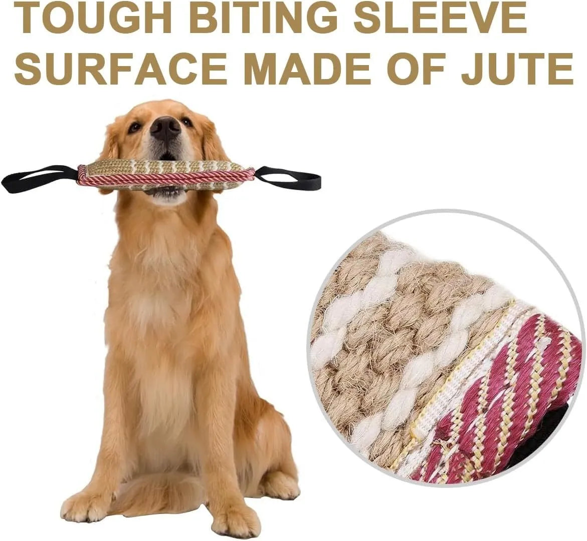 Beige jute dog tug toy with two handles showing double stitching details