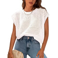 White women's crochet sleeve sweater with round neck and loose fit on hanger