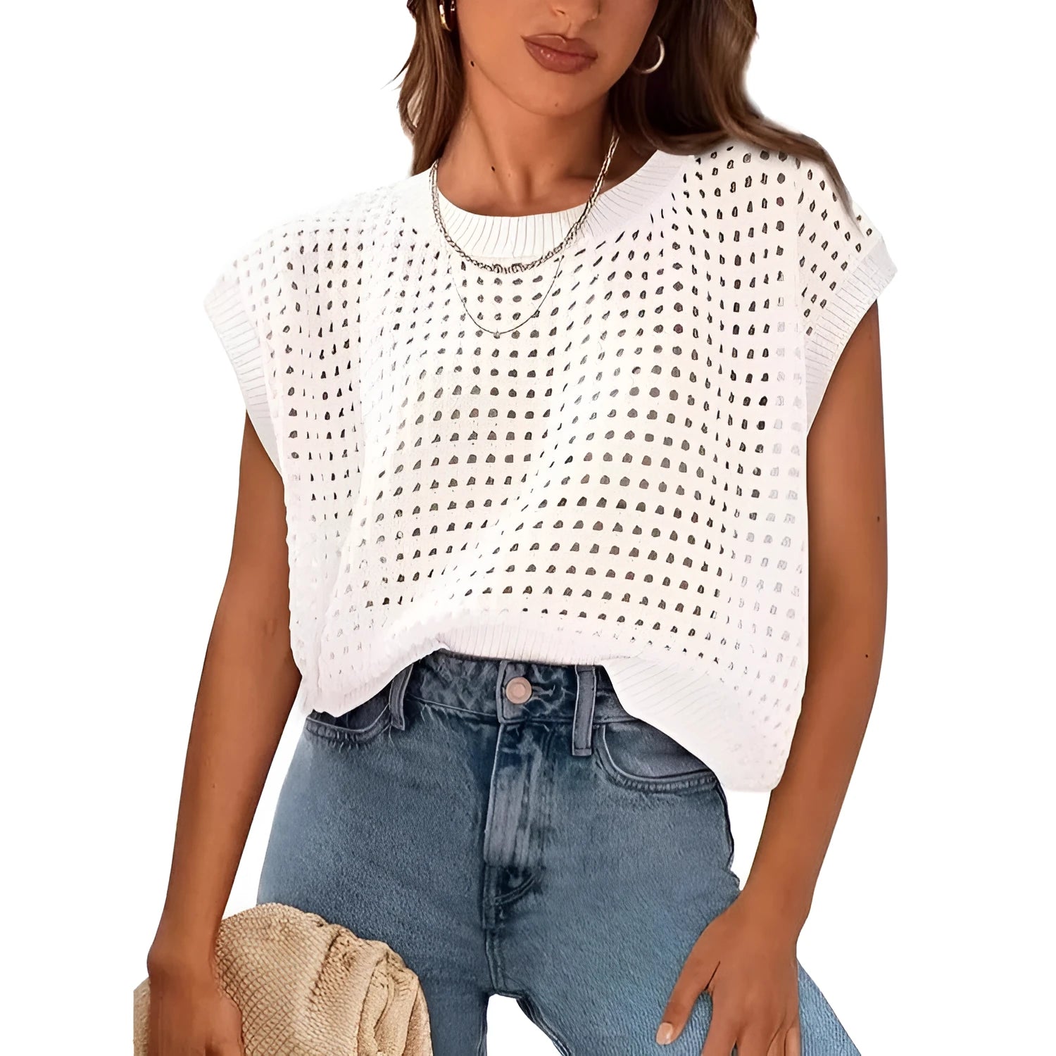 White women's crochet sleeve sweater with round neck and loose fit on hanger