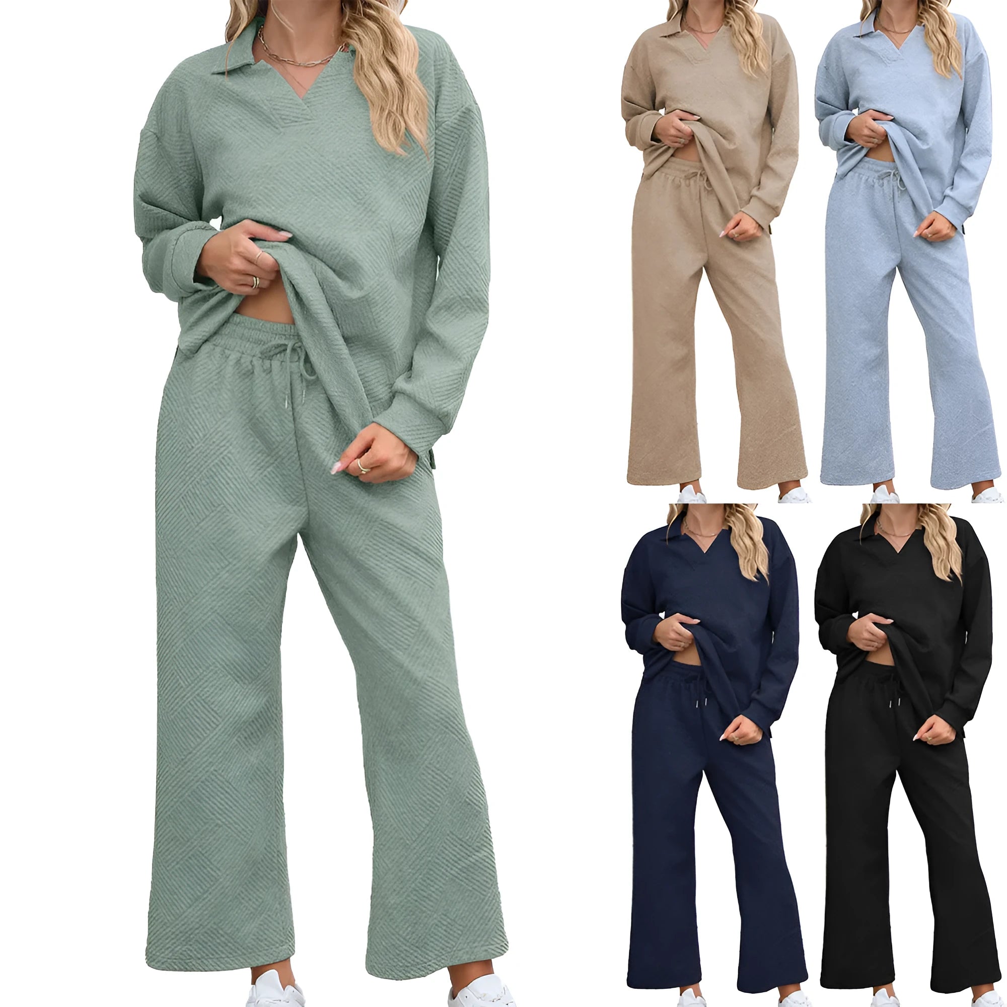 Women's black knitted jacquard two-piece suit with long sleeve top and elastic waist cropped trousers on a hanger.