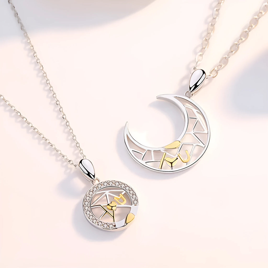 Sun moon couple necklace set with copper electroplated pendants on cross chains