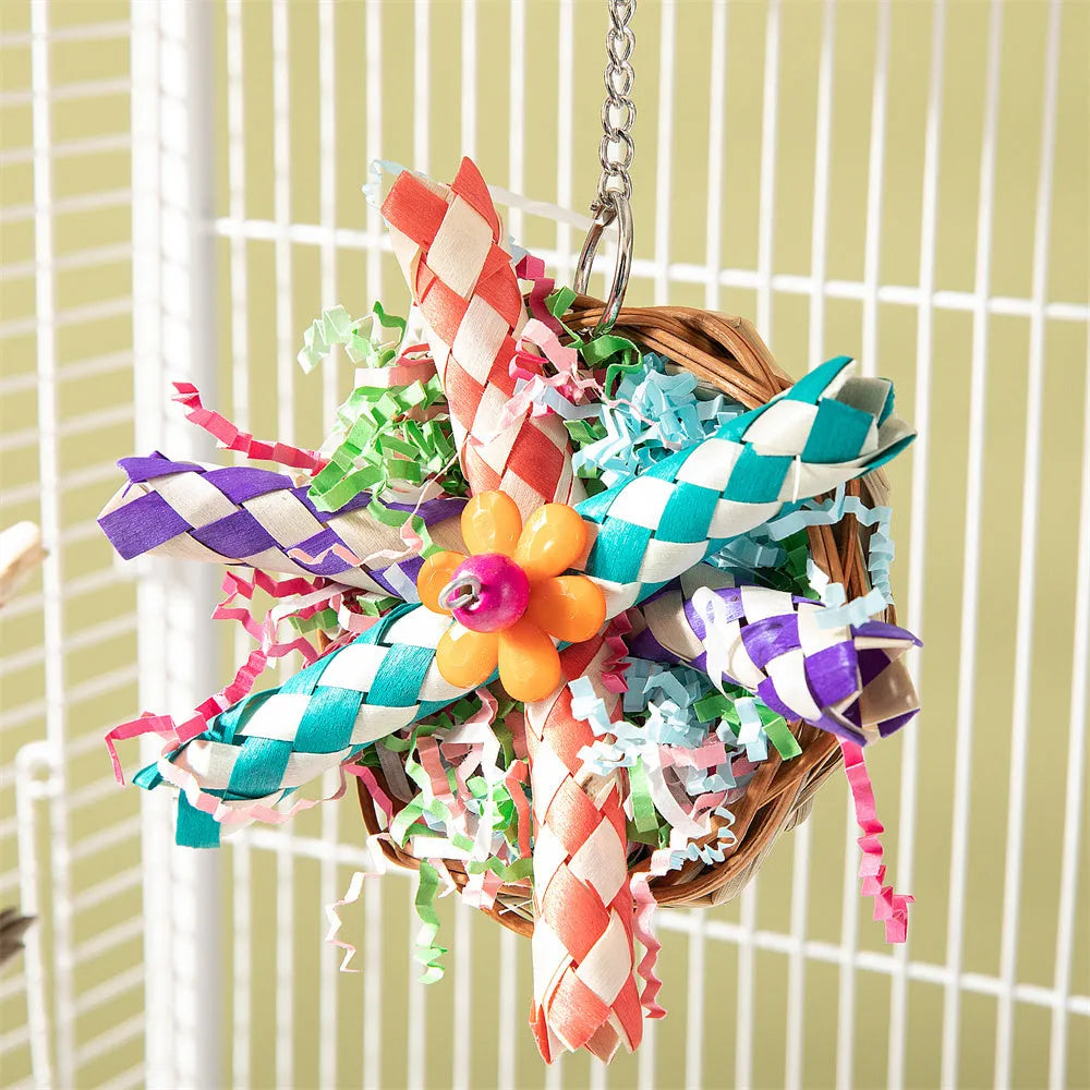 Natural wood parrot gnawing toy showing three chewing options for medium and large birds