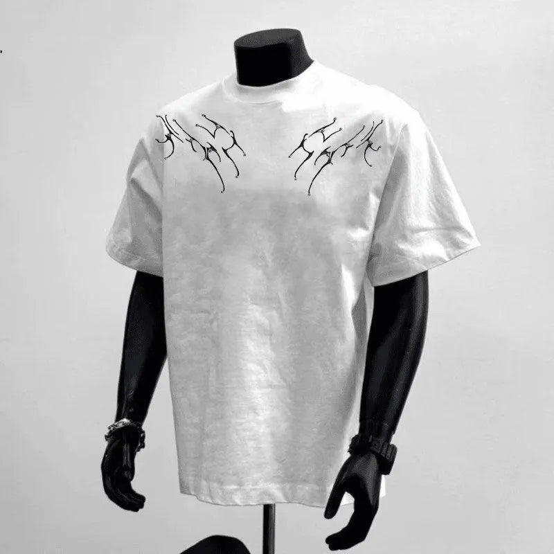 Men's loose fit cotton short sleeve T-shirt in black or white with printed design