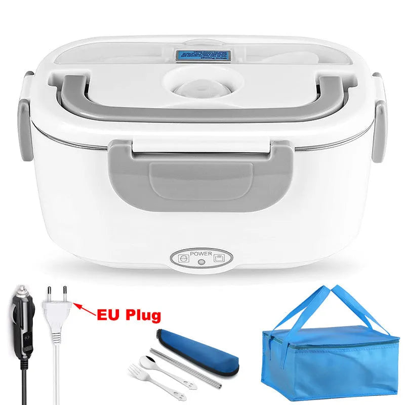 Grey dual-power electric lunch box with car and home compatibility showing mechanical controls