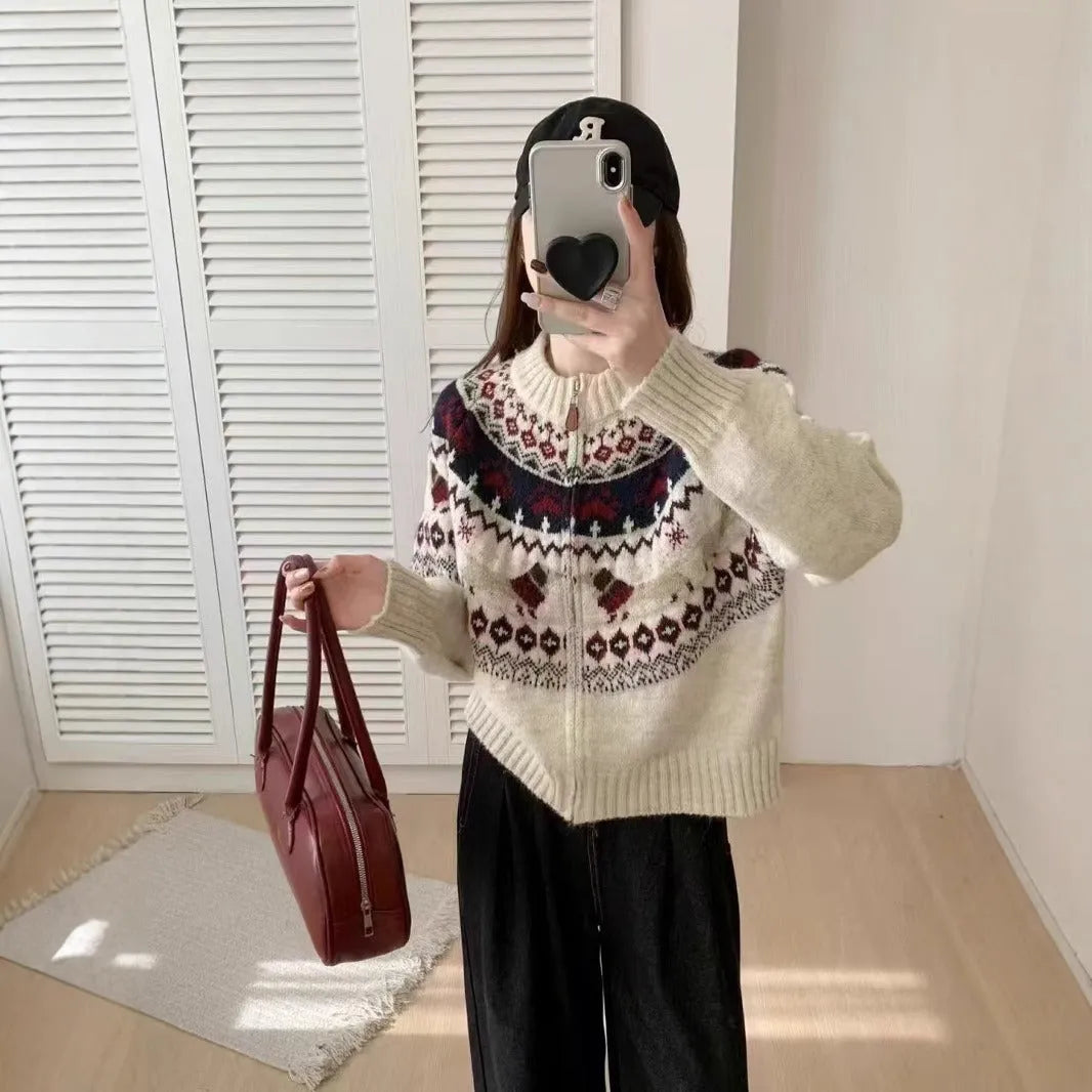 Ethnic style heavy industry jacquard pullover sweater with 3D effect pattern in beige apricot colour