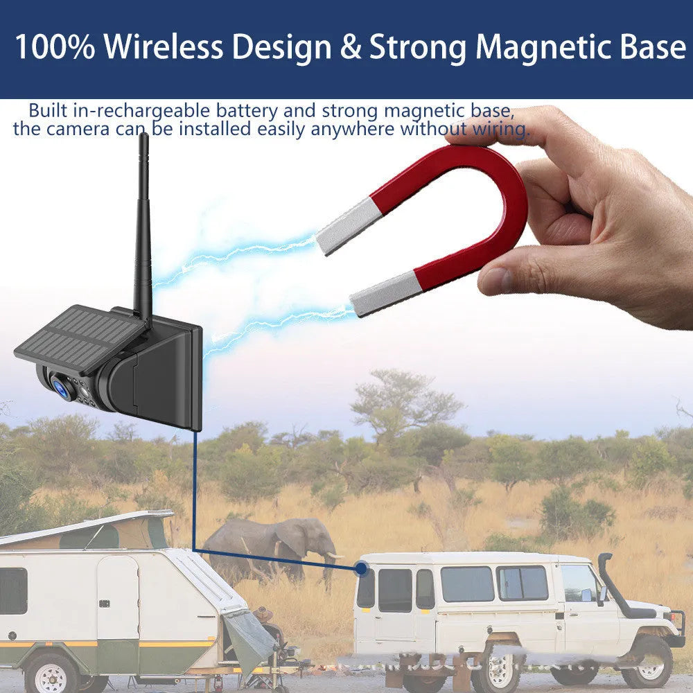 Solar-powered wireless reversing camera with magnetic mount showing aluminium alloy housing and adjustable angle mechanism