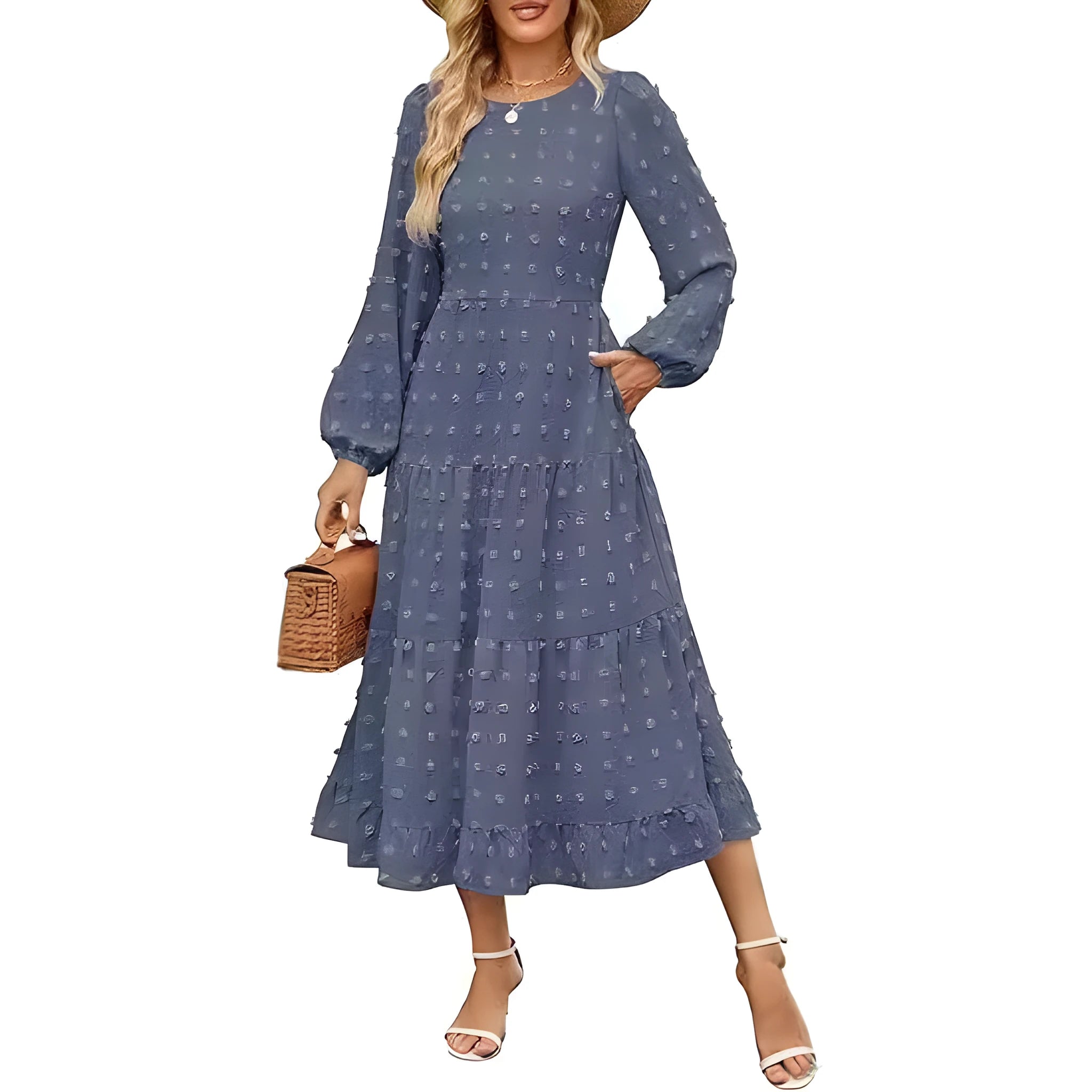 Beige long sleeve casual dress with ruffled sleeves, high waist, and round neck on a hanger.