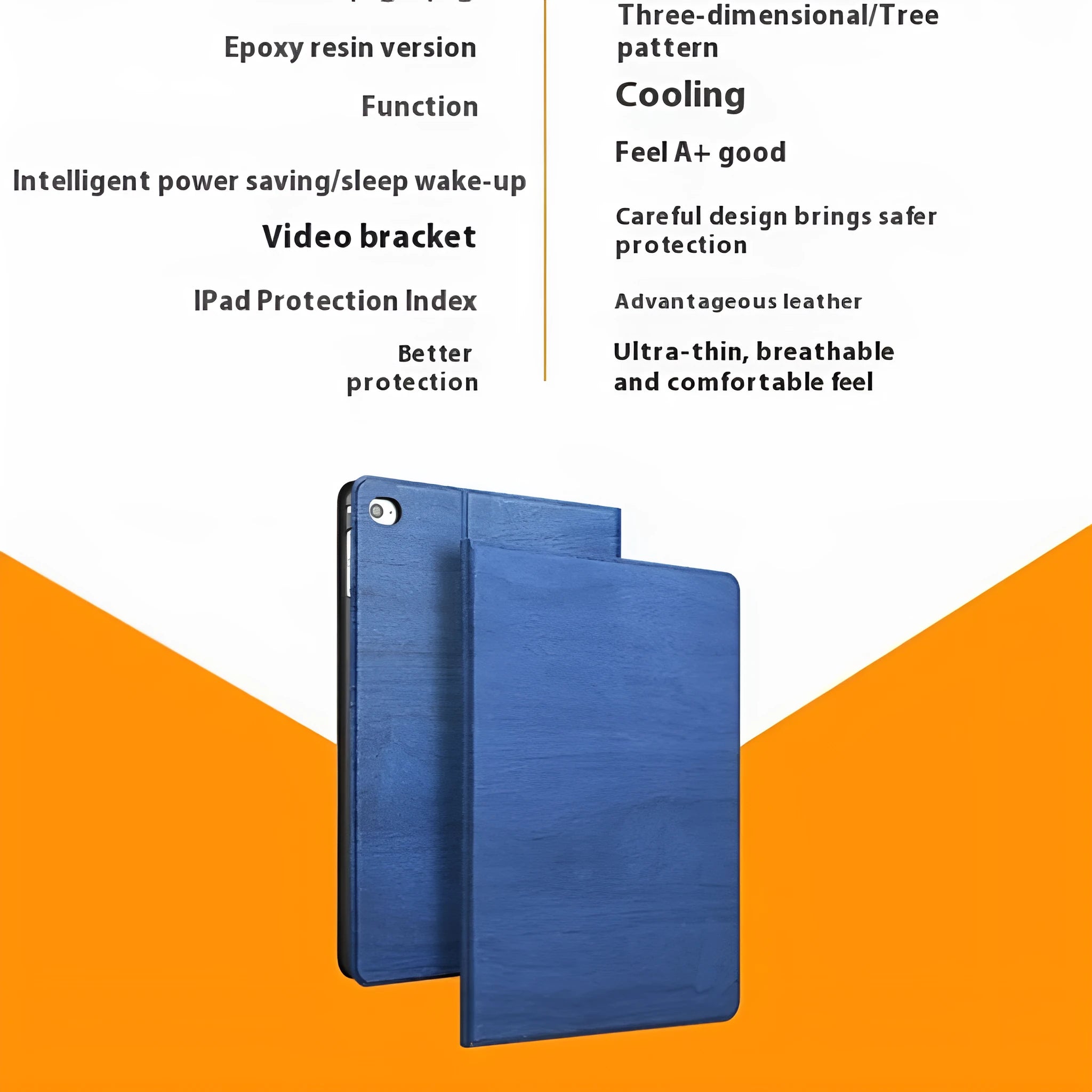 Sapphire blue imitation leather iPad protective cover with integrated sleep bracket stand.